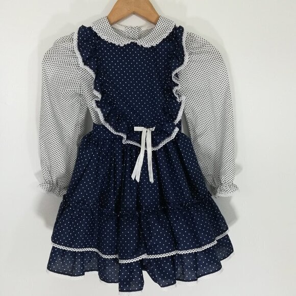 Vintage Miss Quality Girl Ruffled Dress Size 6 Polka Dot Lace Circle 80s Bow - Picture 1 of 15